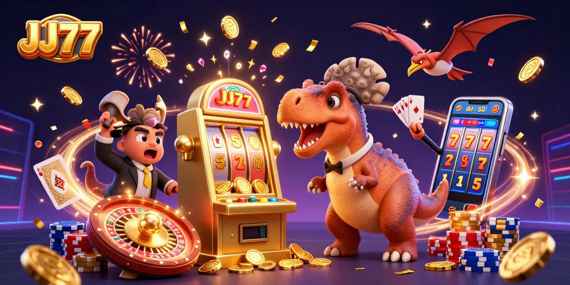 Experience the excitement at JJ77 as a dinosaur hits the jackpot with coins flying everywhere!