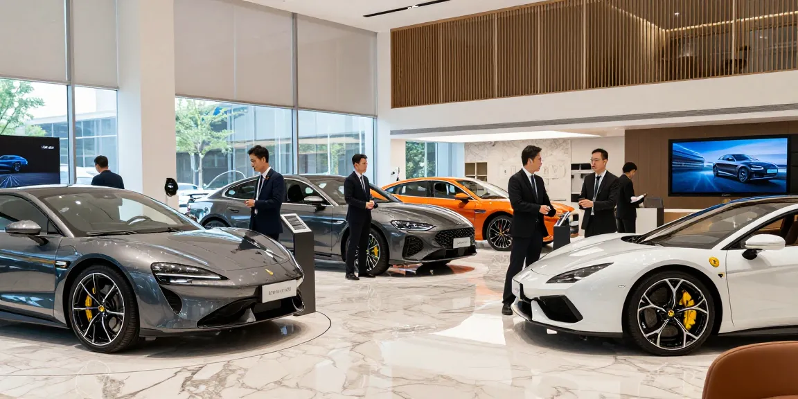 Mobil mewah LUXURY 777 dalam showroom modern dengan pencahayaan elegan.