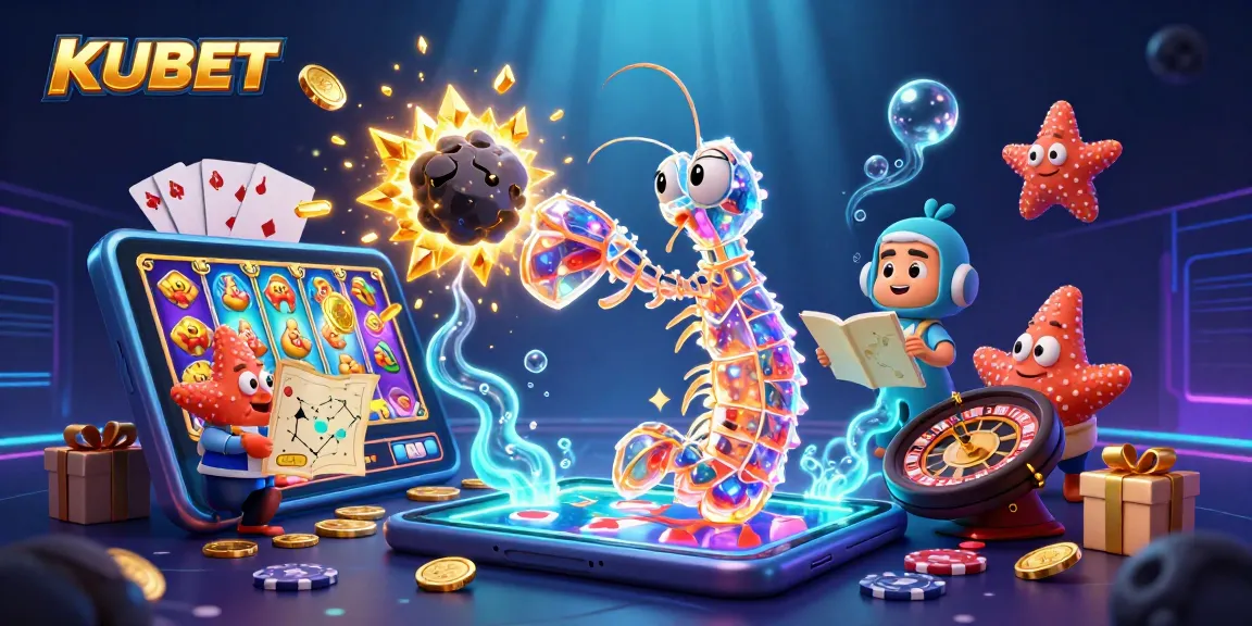 KUBET showcases a vibrant underwater casino scene featuring a galactic samurai mantis shrimp and a starfish amid coins and slot games.