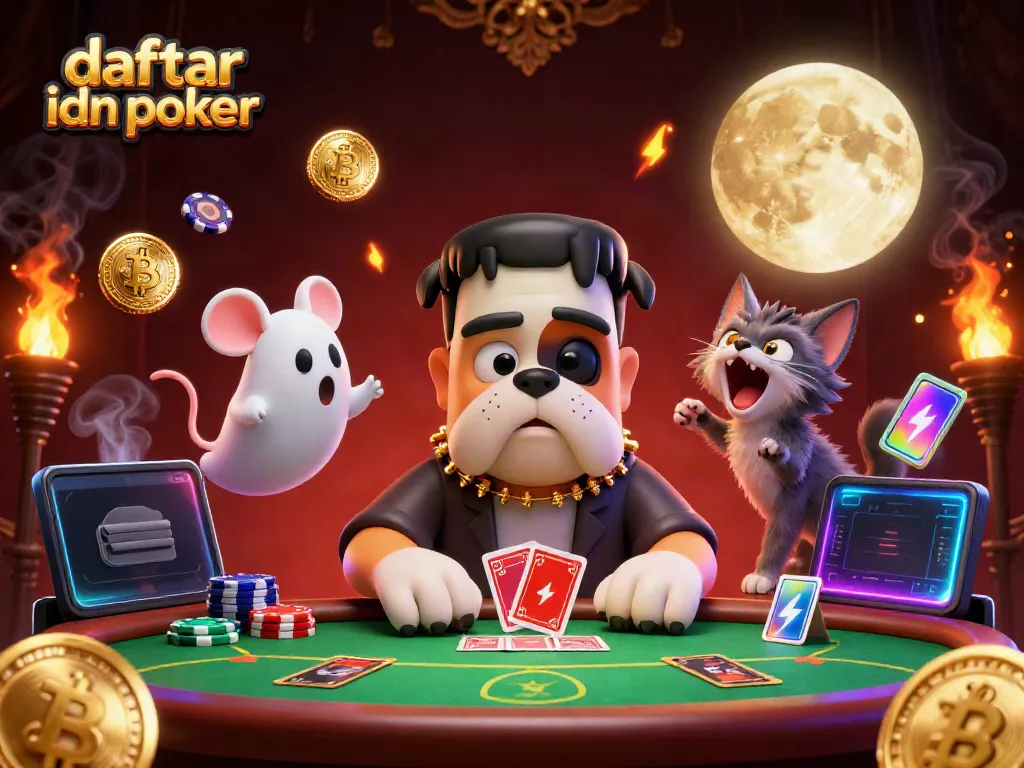 Engage with daftar idn poker at a spooky table with a Frankenstein bulldog and ghostly elements.
