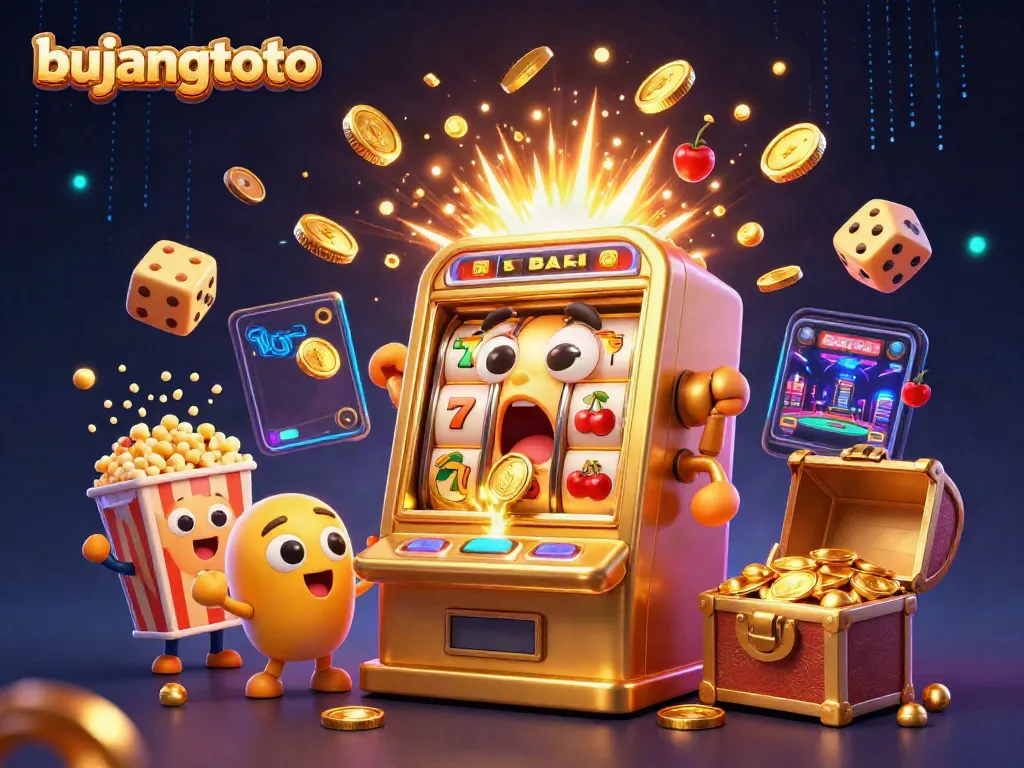 Bujangtoto jackpot scene with a golden slot machine overflowing with coins and excited baby slot machines.