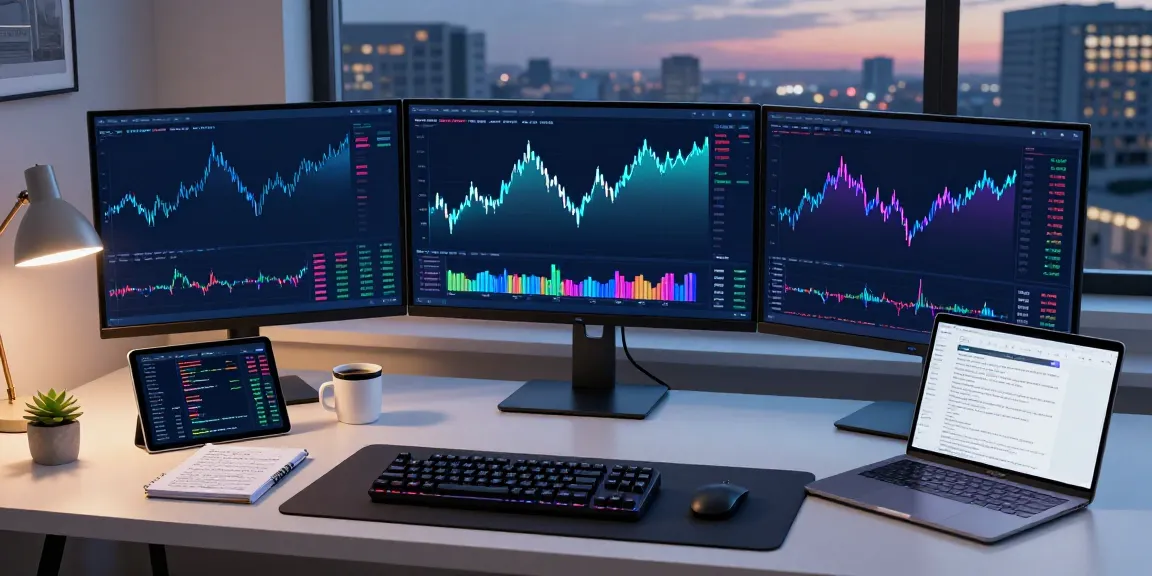 Real-time 股票数据接口 analysis in a modern trading setup with multiple monitors showing cryptocurrency exchange interfaces.