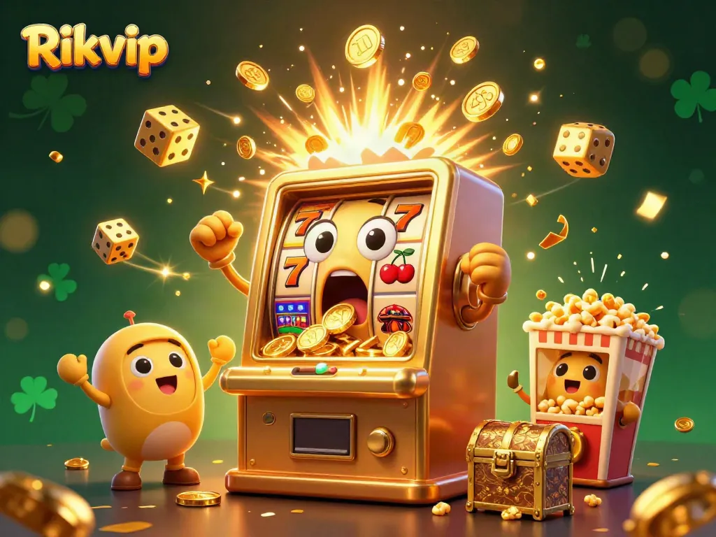Experience the excitement of Rikvip as the golden slot machine hits a jackpot, surrounded by vibrant casino elements.