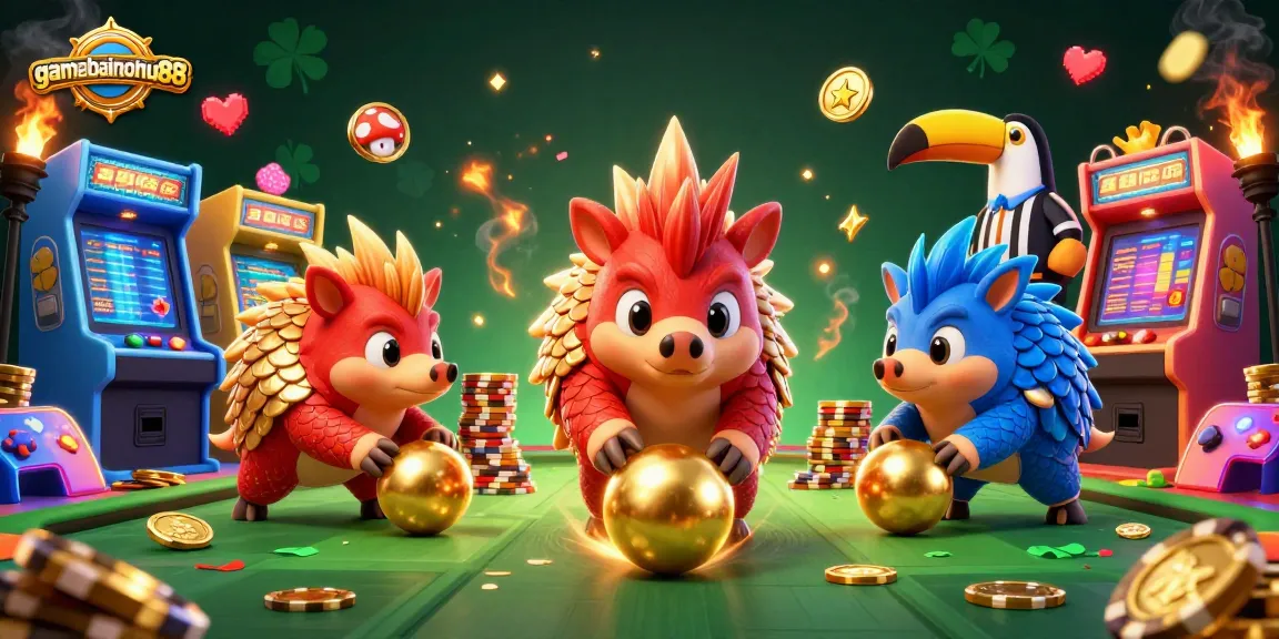 Experience thrilling gameplay with gamebainohu88 as rival pangolins roll through poker chips in a vibrant casino scene.