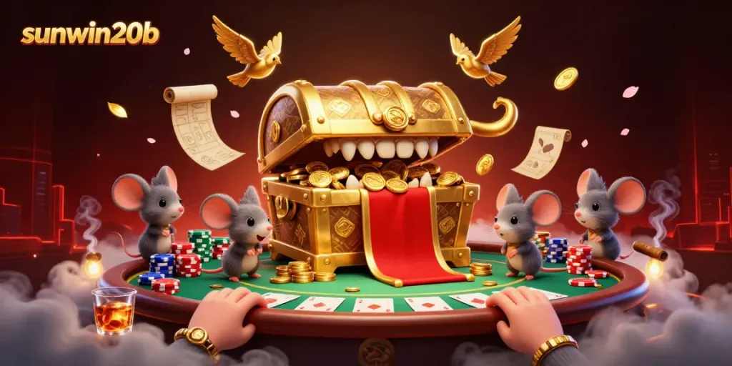 Engage with sunwin20b's thrilling casino atmosphere featuring a golden treasure chest, poker elements, and vibrant details.