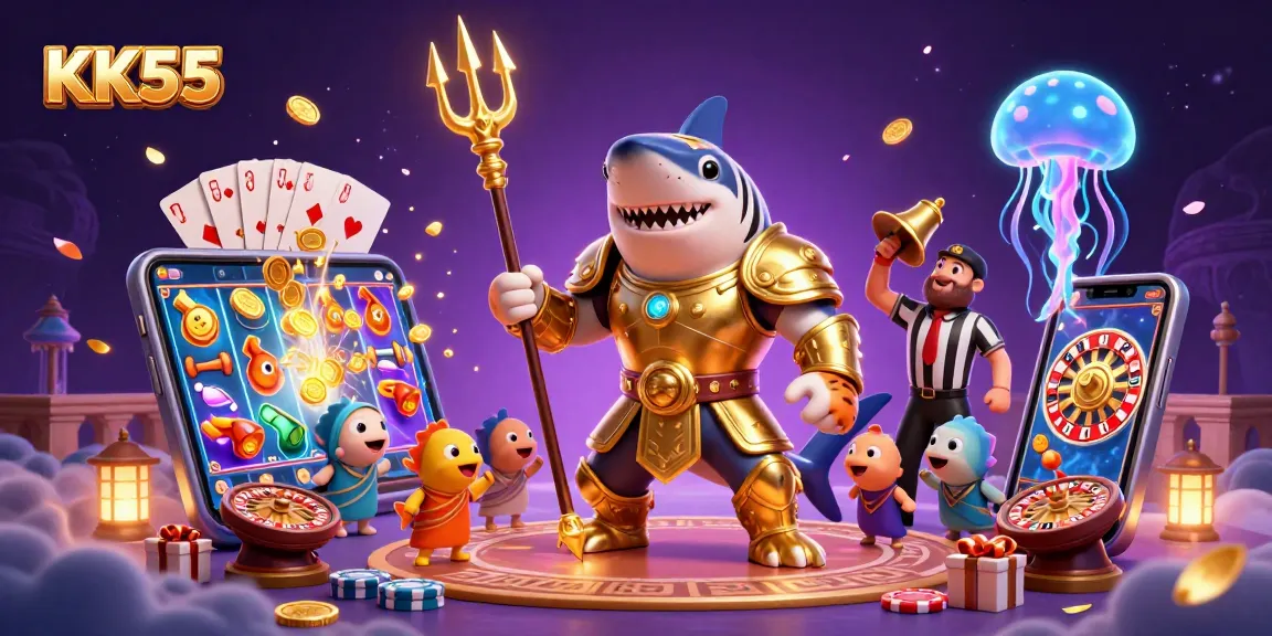 Experience the thrilling underwater world of KK55 with a 3D tiger shark in gladiator armor amidst vibrant slot games.