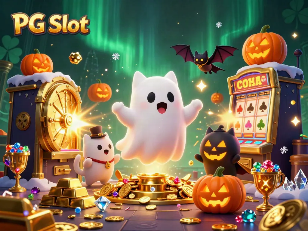 Menangkan permainan PG Slot sambil menjelajahi kasino berhantu bersama kucing hantu dan kelelawar berkap.