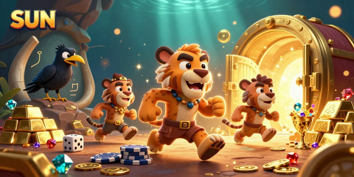 Experience rich casino adventures with sun-themed treasures and whimsical characters in this vibrant illustration.