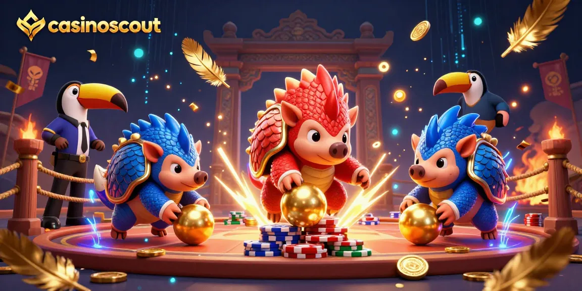 Experience casinoscout excitement with pangolins bowling through poker chips in a vibrant 3D casino atmosphere.