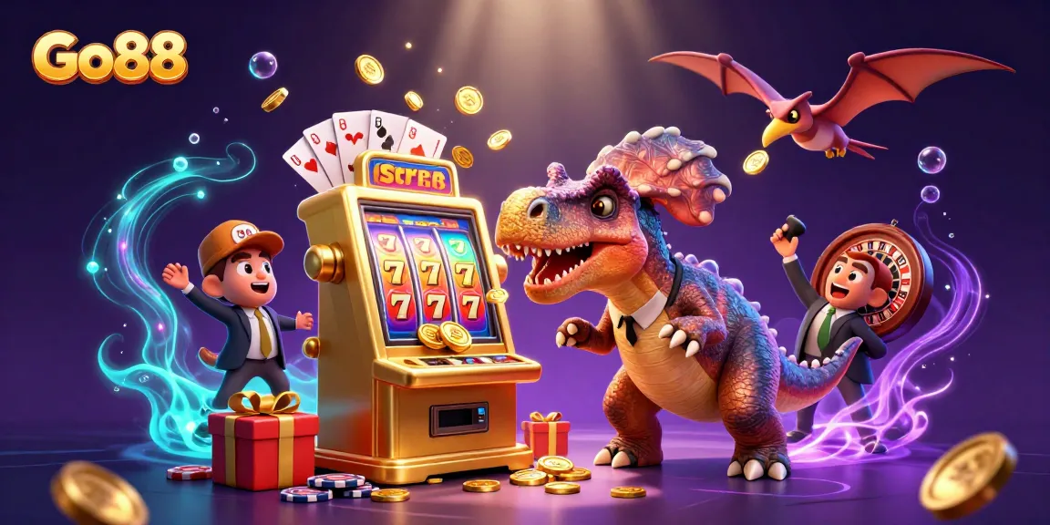 Go88 showcases a lively 3D scene with characters winning coins at a slot machine.