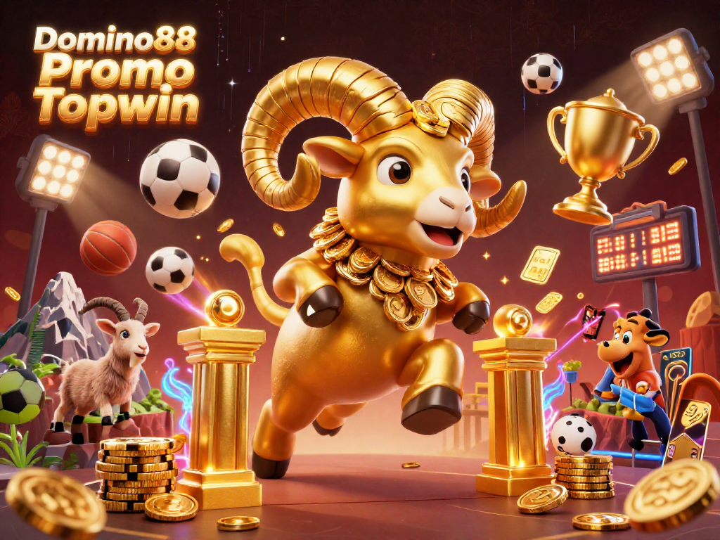 Win big with Domino88 Promo Topwin featuring a dynamic 3D scene of casino elements.