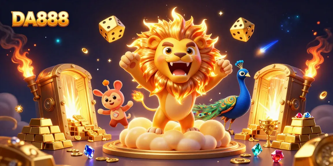 DA888 showcases a vibrant casino scene with a roaring sun lion and golden treasure elements.