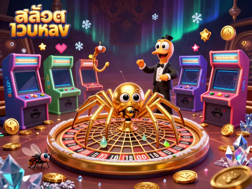 Spin the wheel with สล็อตเว็บตรง as a golden spider spins its web, showcasing casino excitement.