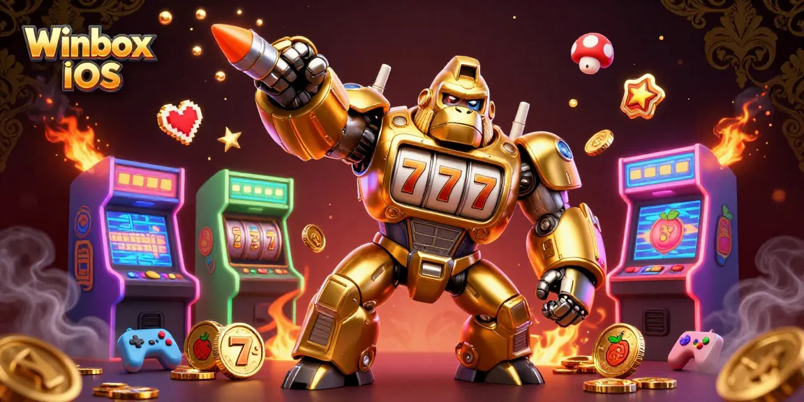 Winbox iOS app download process visualized with a vibrant 3D golden gorilla mech bursting with coins and gaming elements.