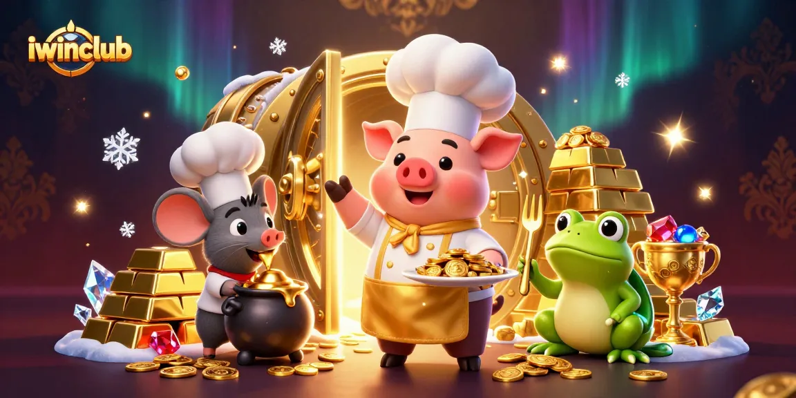 Experience the thrill with iwinclub's vibrant 3D casino scene featuring animated characters and gold treasures.
