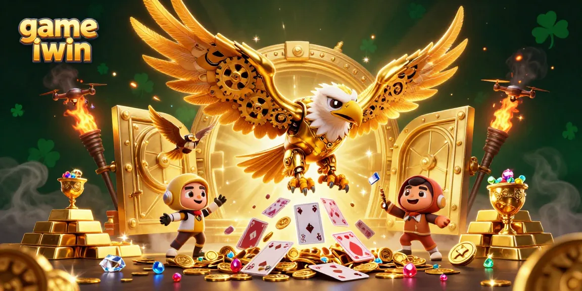 Experience game iwin excitement with a dynamic 3D eagle soaring amongst casino treasures and holographic cards.