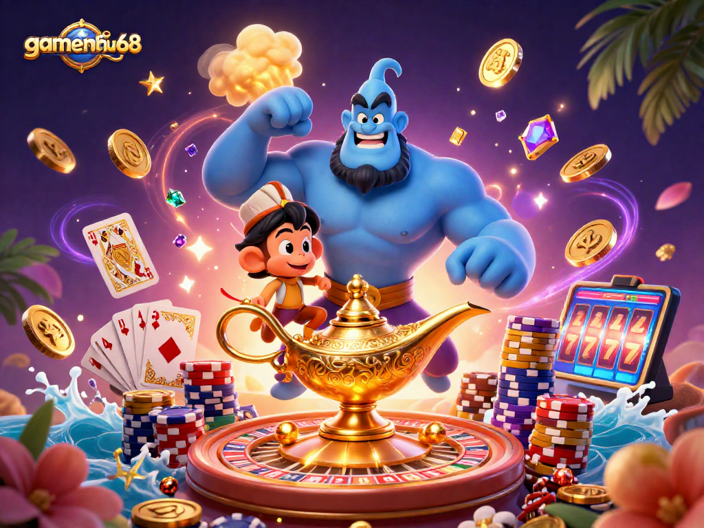 Experience gaming excitement with gamenohu68's 3D scene featuring a cartoon genie, poker chips and casino elements.
