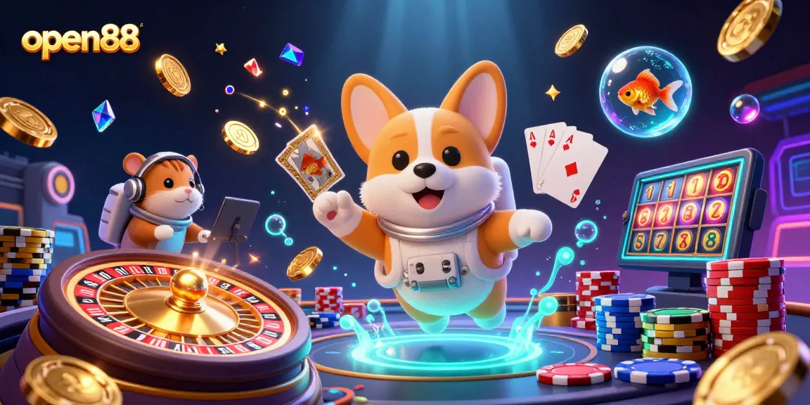 Experience the thrill of gaming with open88 in a vibrant space-themed casino illustration.