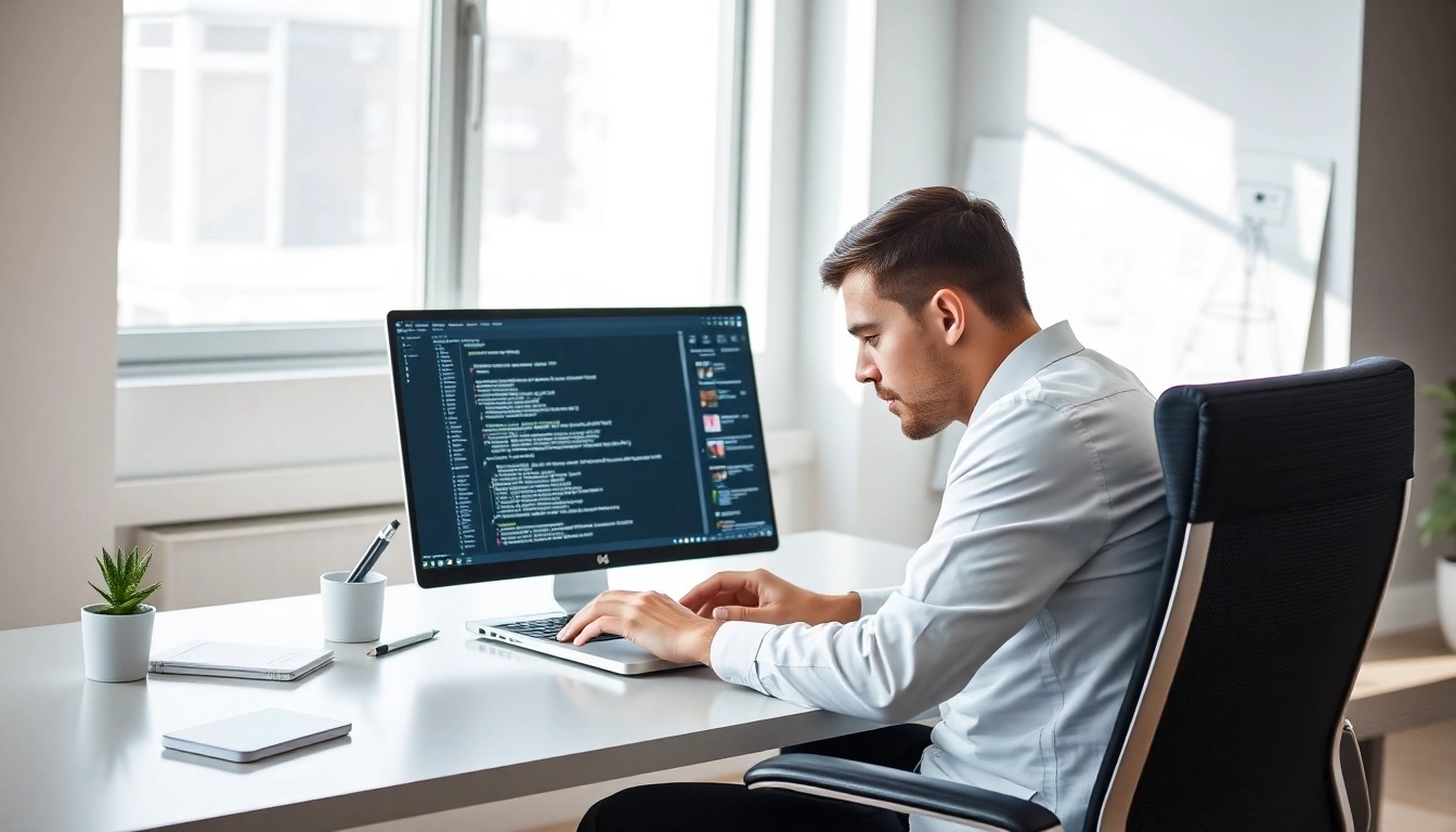 Showcase of Custom Shopify development with a web developer focused on coding in a modern office.