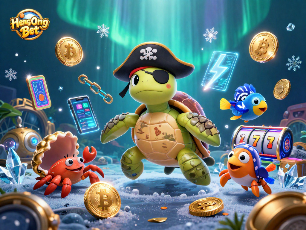 Engage in thrilling gaming with Heng Ong Bet, featuring a pirate turtle and vibrant casino elements.
