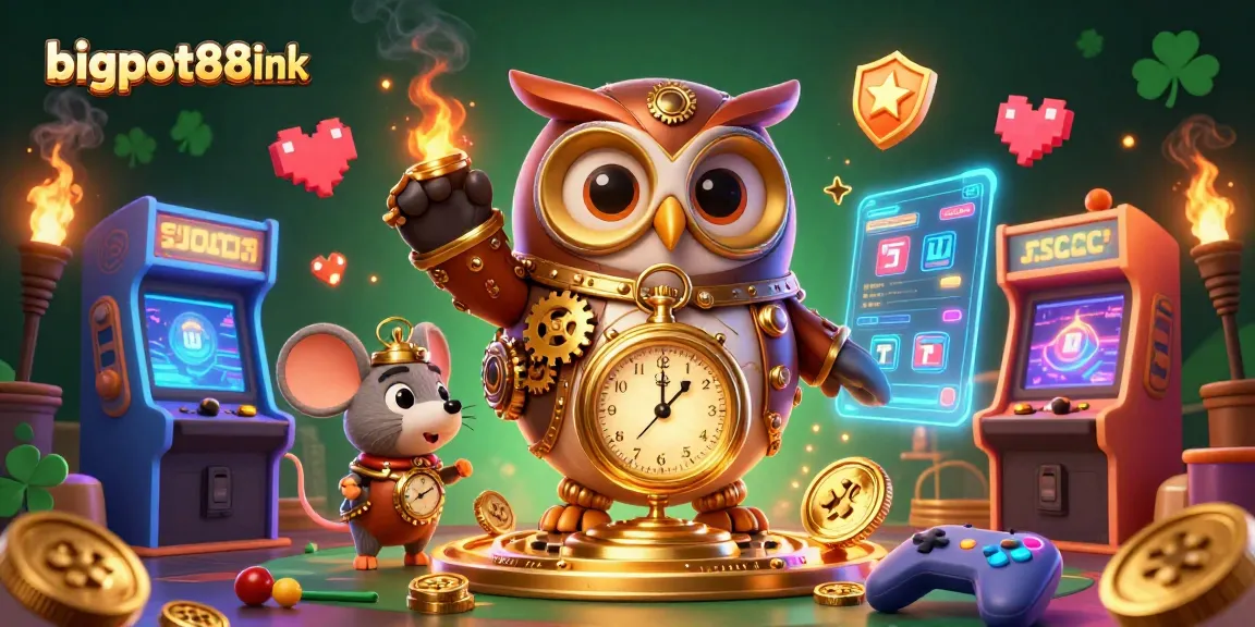 Spin to win at bigpot88link with vibrant gaming elements enveloping an owl adventurer.