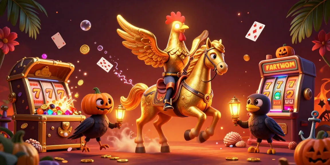 Dewalive Sportbook features a golden rooster riding through a vibrant casino filled with slot machines and treasures.