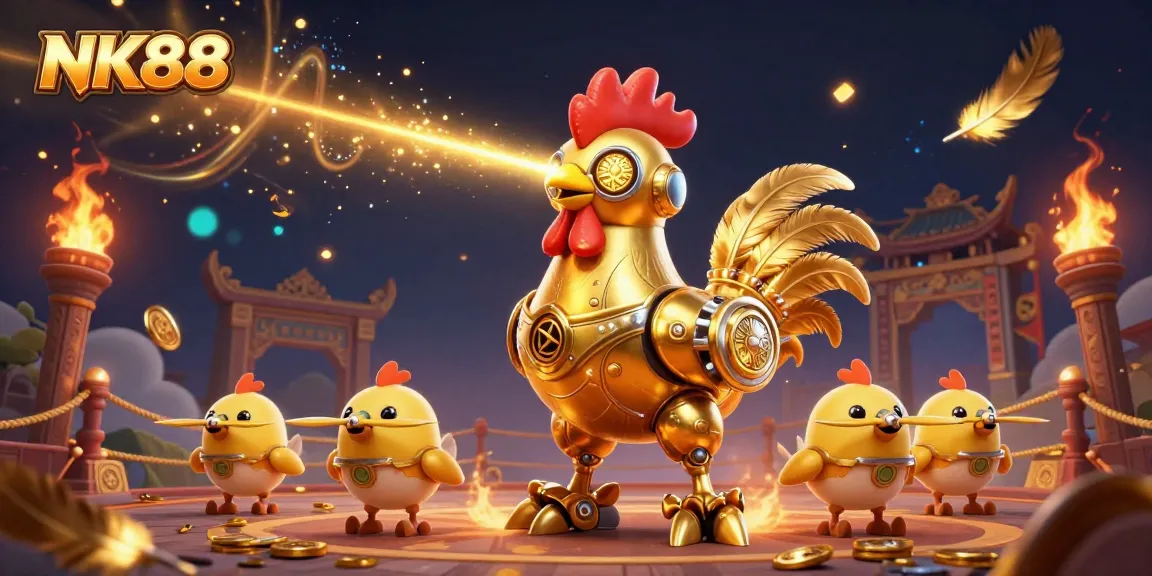 Join the action at NK88 with a golden rooster robot and baby chick drones in a vibrant casino scene.