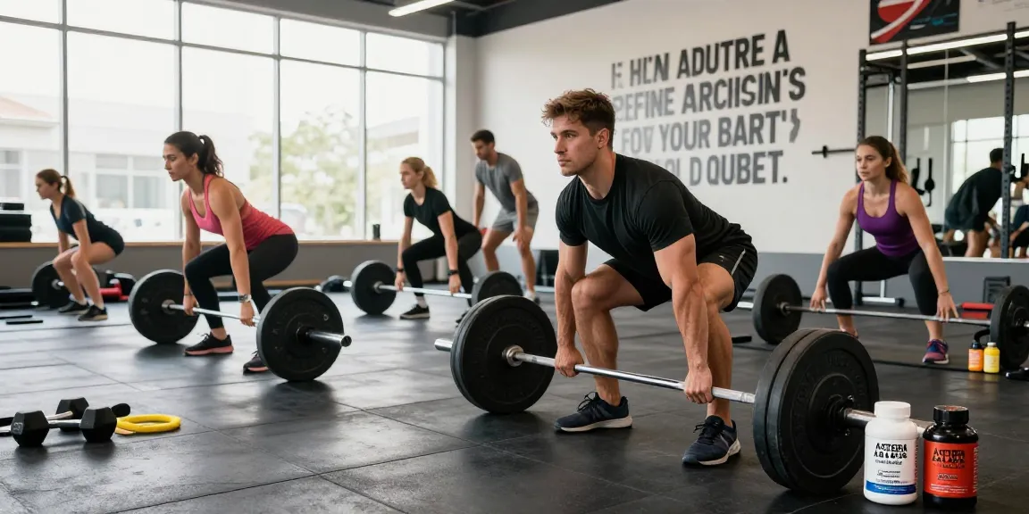A vibrant gym scene highlighting Astera Shop products with athletic individuals in action, showcasing health and fitness.