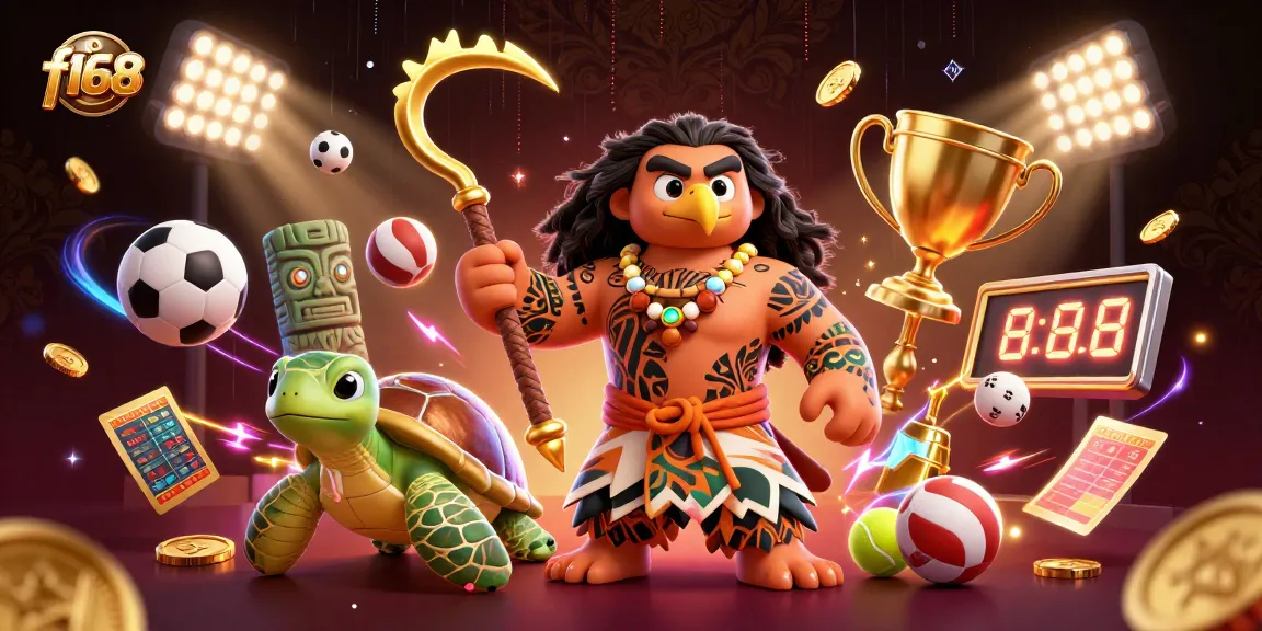 Experience the excitement of f168 with a cartoon demigod hawk and vibrant sports elements.