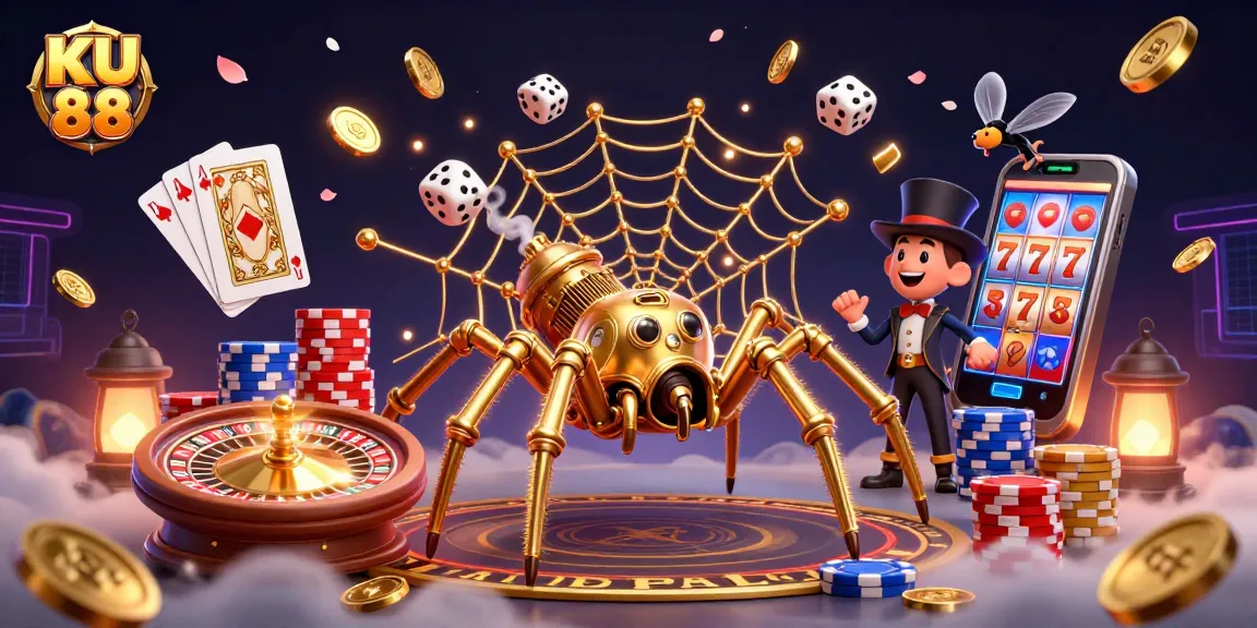 Experience dynamic gaming excitement with KU 88, featuring a golden steampunk spider and casino elements.