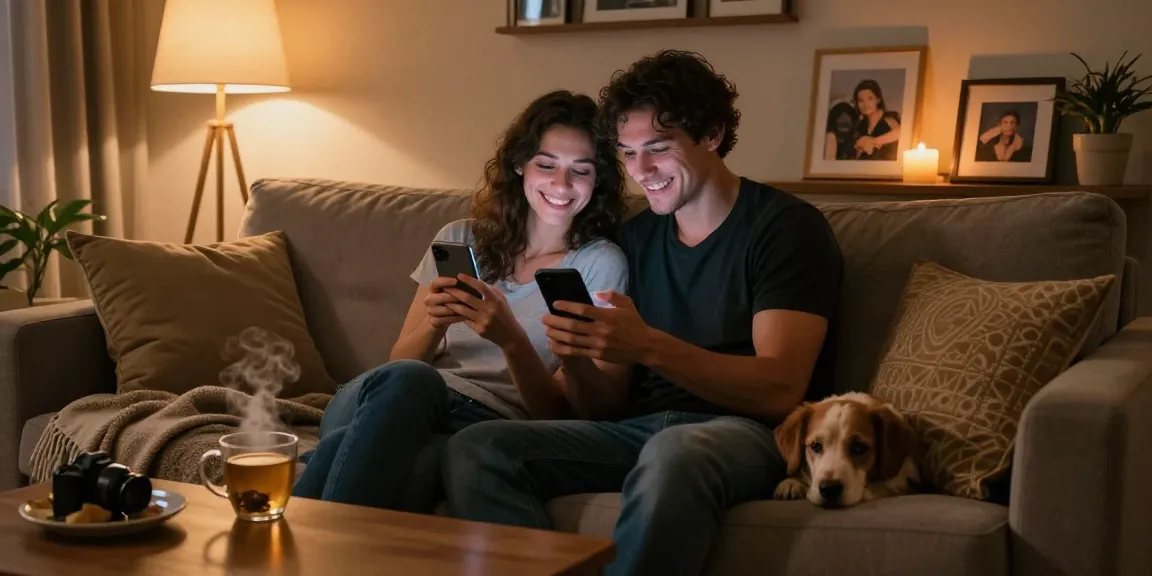 Couple enjoying ai sexting together in a cozy living room.