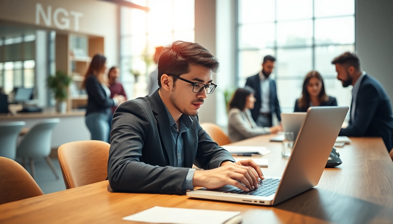 Business development executive collaborating in a bright, modern office environment.