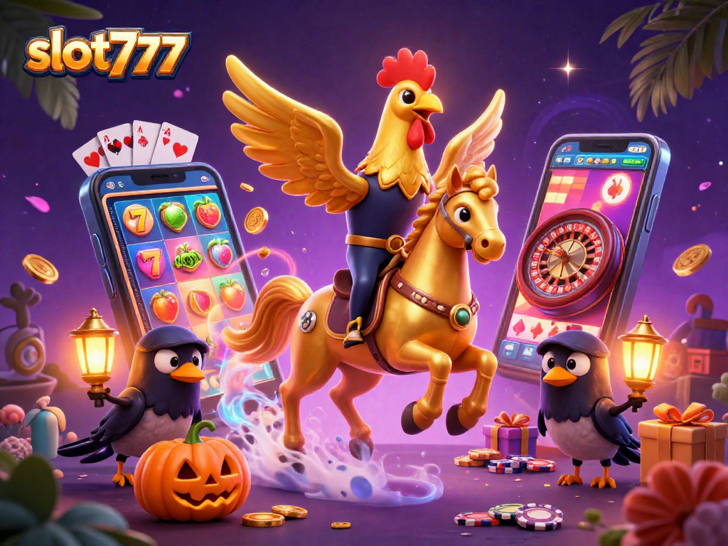 Spin the reels with slot777 in this vibrant midnight casino scene featuring a golden rooster.
