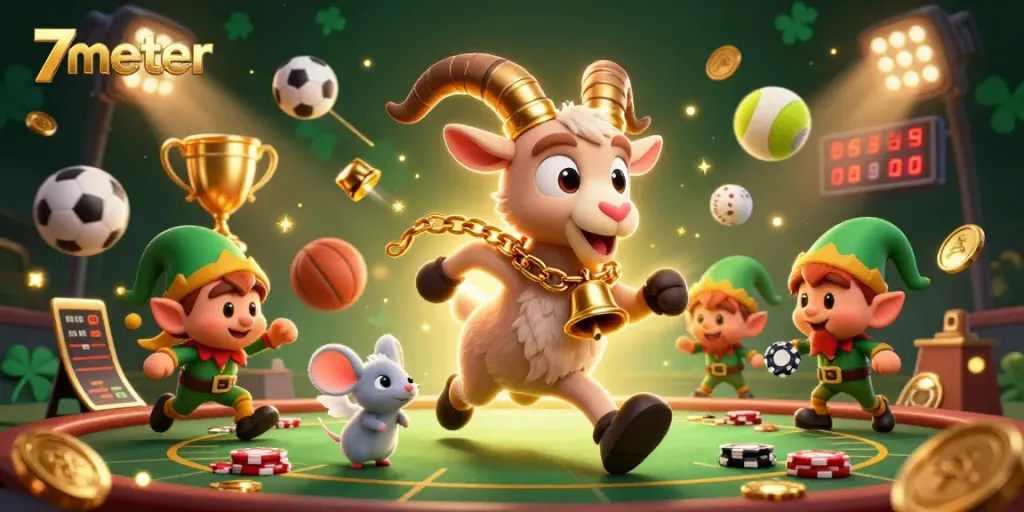 Experience thrilling sports betting at 7meter casino with lively characters and vibrant scenes.