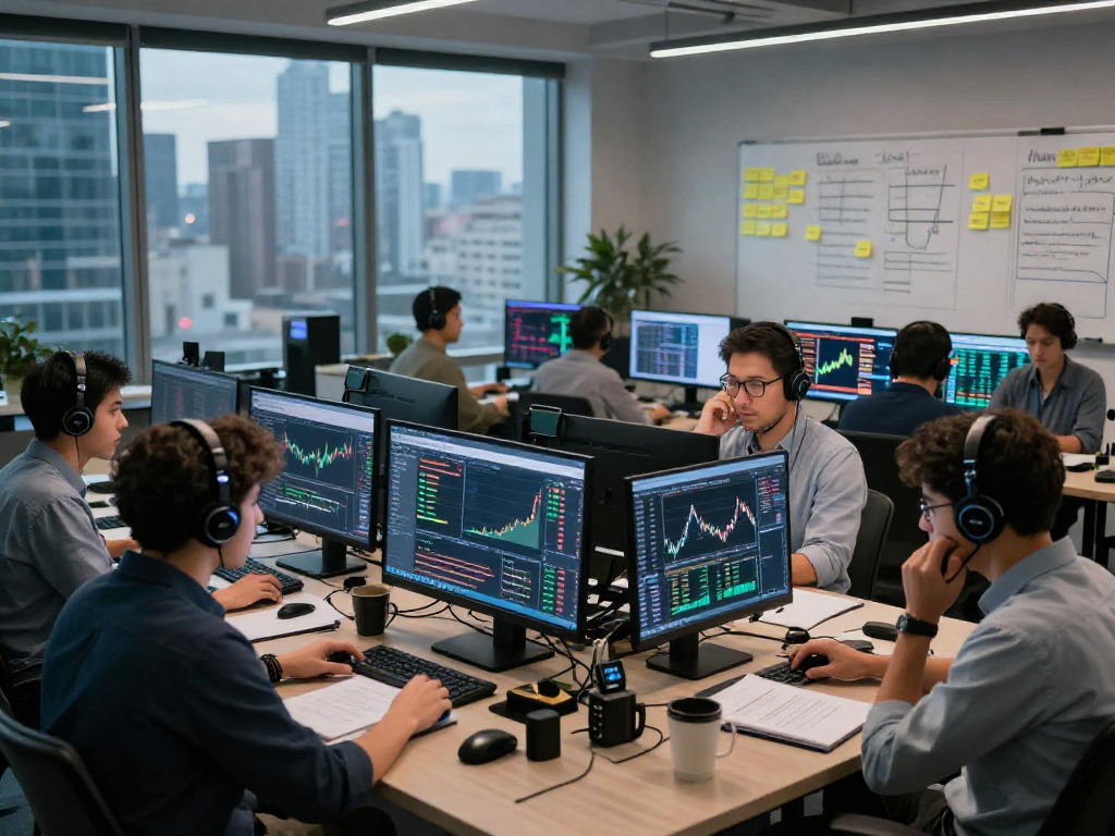 Analistas trabajando en sala de trading de Immediate Edge, con pantallas de datos financieros y gráficos.