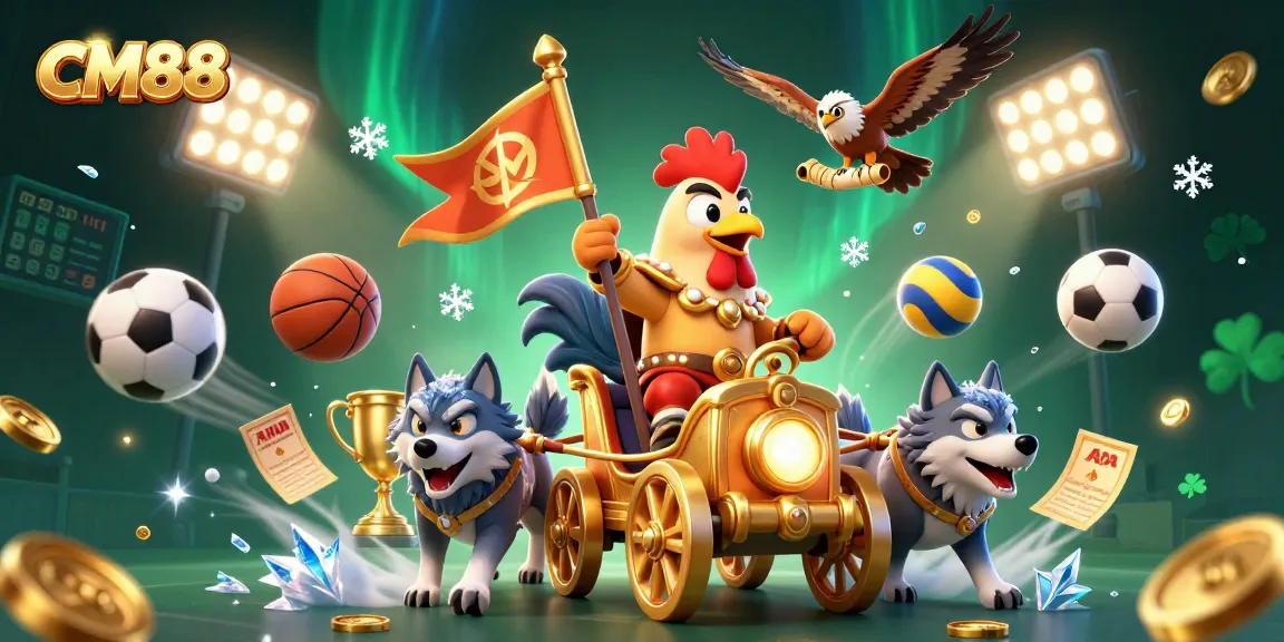 Experience thrilling action at CM88 with a dynamic 3D illustration featuring exciting casino game elements and characters.