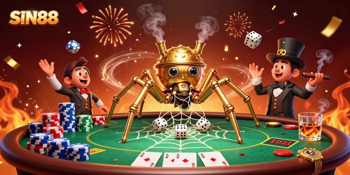 SIN88 embodies winning strategies at a vibrant poker table surrounded by colorful chips and festive elements.