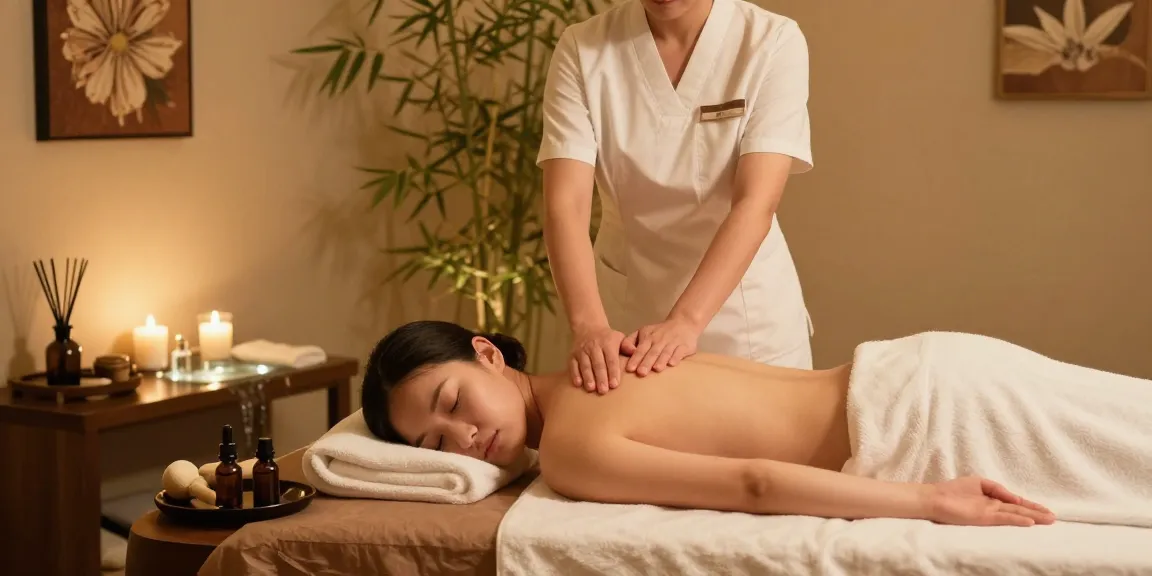 마사지 치료를 받는 고객과 전문 마사지사의 편안한 스파 장면