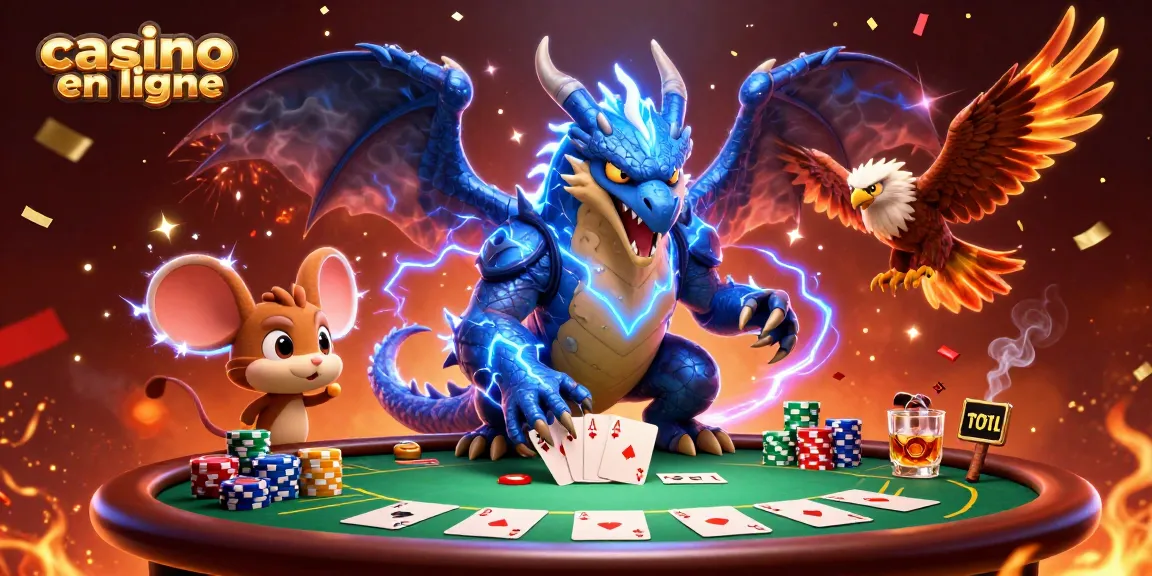 Ambiance festive de casino en ligne avec un dragon, un faucon et une souris tonnerre.