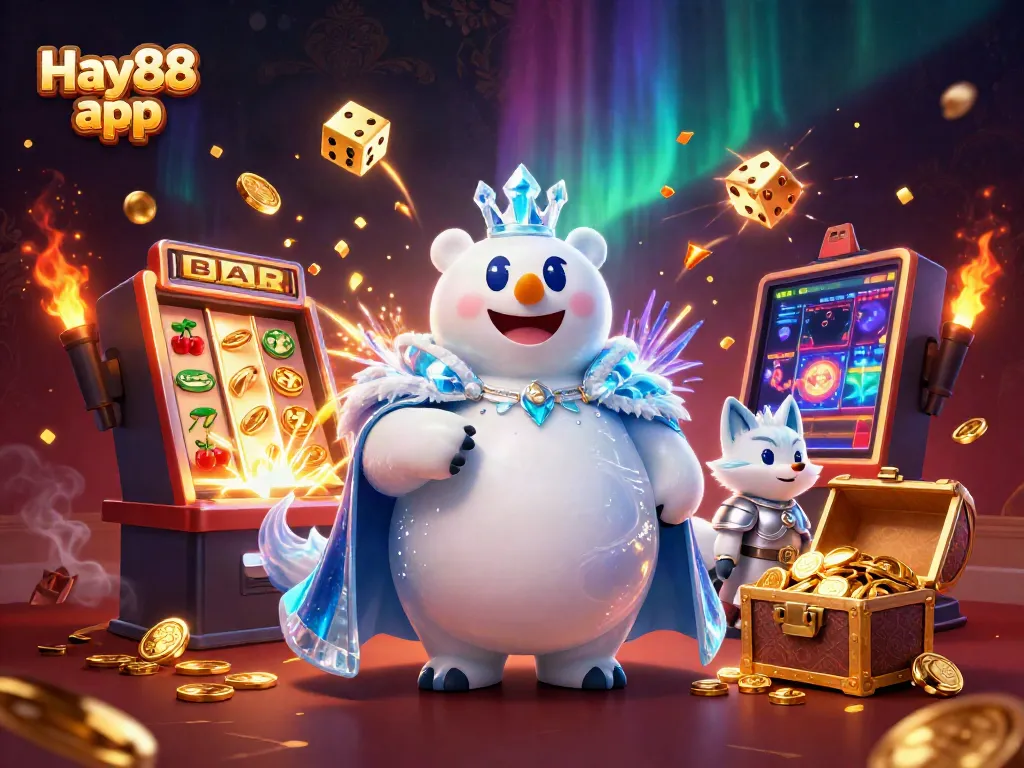 Experience the captivating Hay88 app with a dynamic 3D scene featuring an ice king and a snow fox amid casino elements.