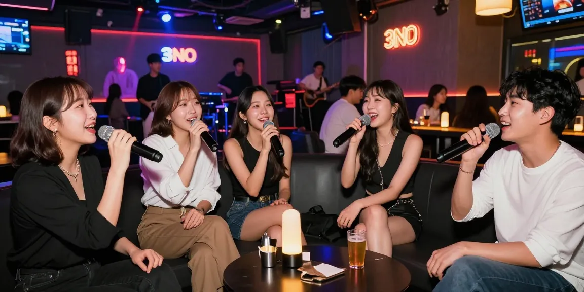 인천쓰리노에서 친구들과 함께 노래 부르는 즐거운 모습과 화려한 조명이 어우러진 장면