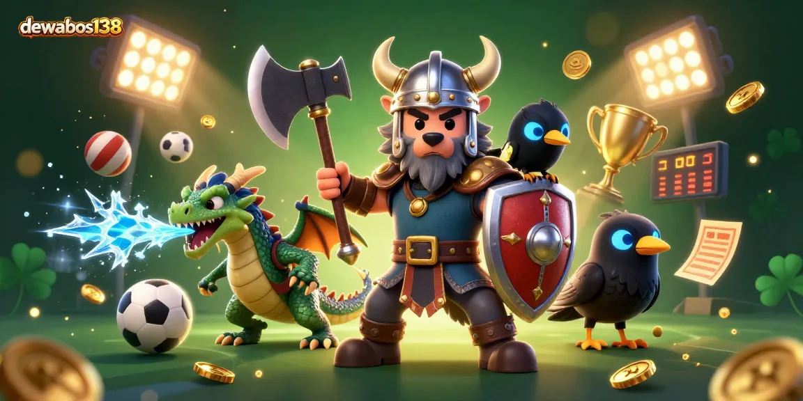Join dewabos138 for thrilling gaming action featuring a Viking wolf warrior, fierce dragon, and vibrant casino elements.