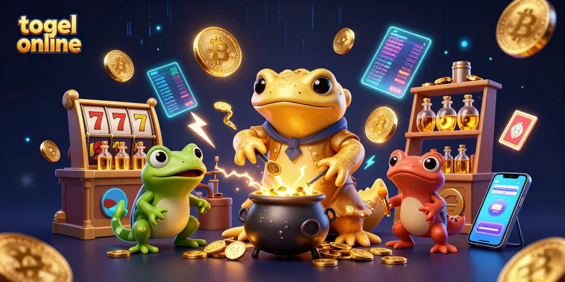 Engage in togel online with a playful 3D scene of alchemists transforming metals into gold coins.
