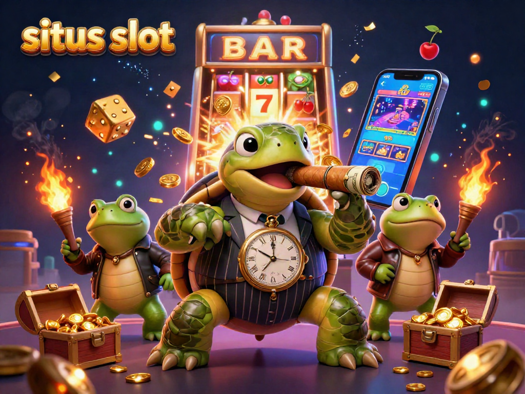 Engage in situs slot excitement with a vibrant scene featuring a mobster turtle and bullfrog enforcers.