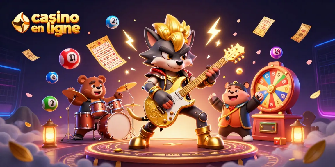 Affronter des jackpots avec des jeux au casino en ligne, un loup rock star sur scène.