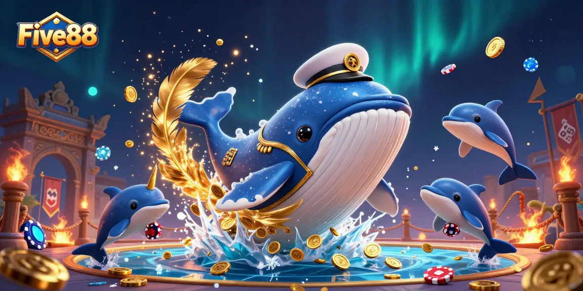 Five88 enhances your gaming experience with a dynamic scene featuring a whale, narwhal, and dolphins amidst gold coins.