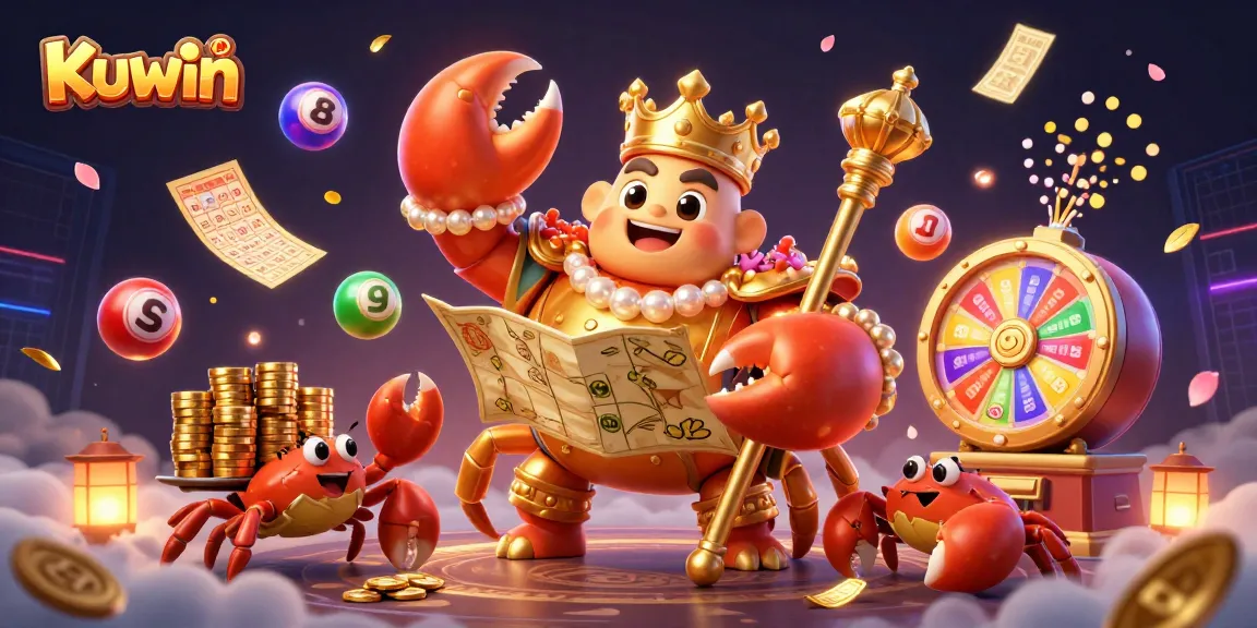Kuwin's vibrant casino scene with a golden crab emperor and lottery elements, showcasing dynamic play.