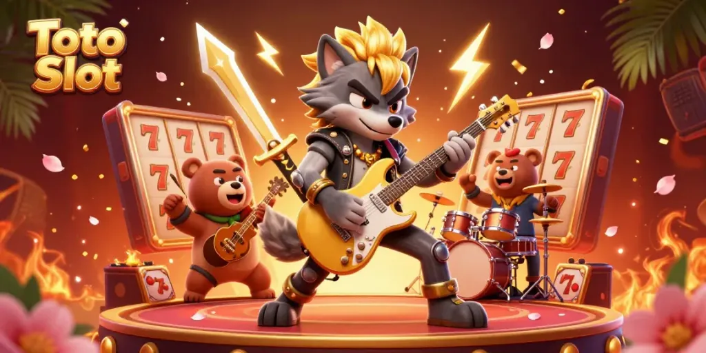 Toto Slot menghadirkan aksi seru dengan wolf rock star dan beruang drummer di panggung kasino.