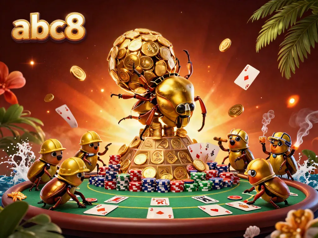 Experience excitement with abc8's casino imagery featuring golden beetles and poker elements.