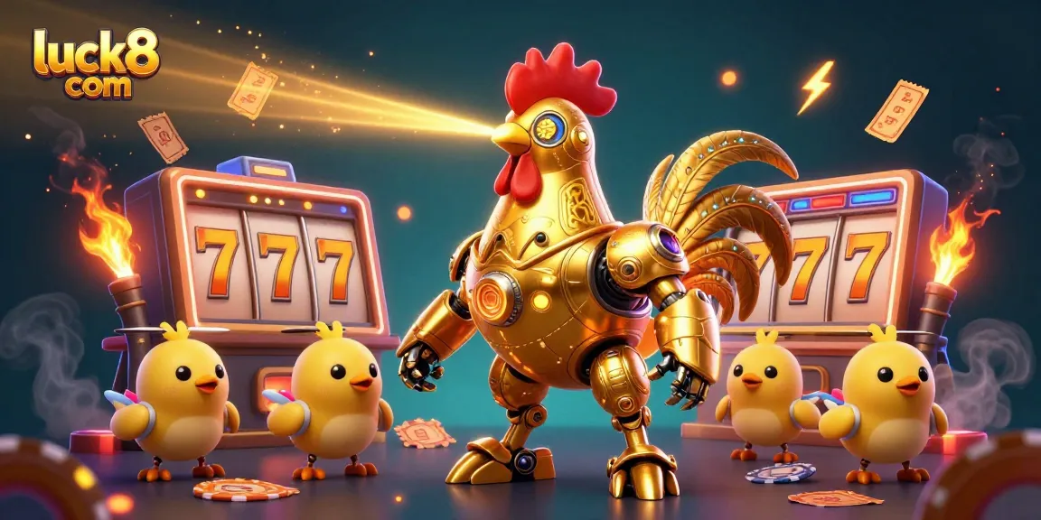 Engage with excitement at luck8 com with golden rooster robot and animated slot reels.